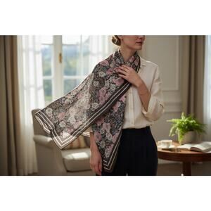 Talbots 100% Silk Chiffon Floral Scarf Gray Pink Peony Cottagecore Romantic 90s